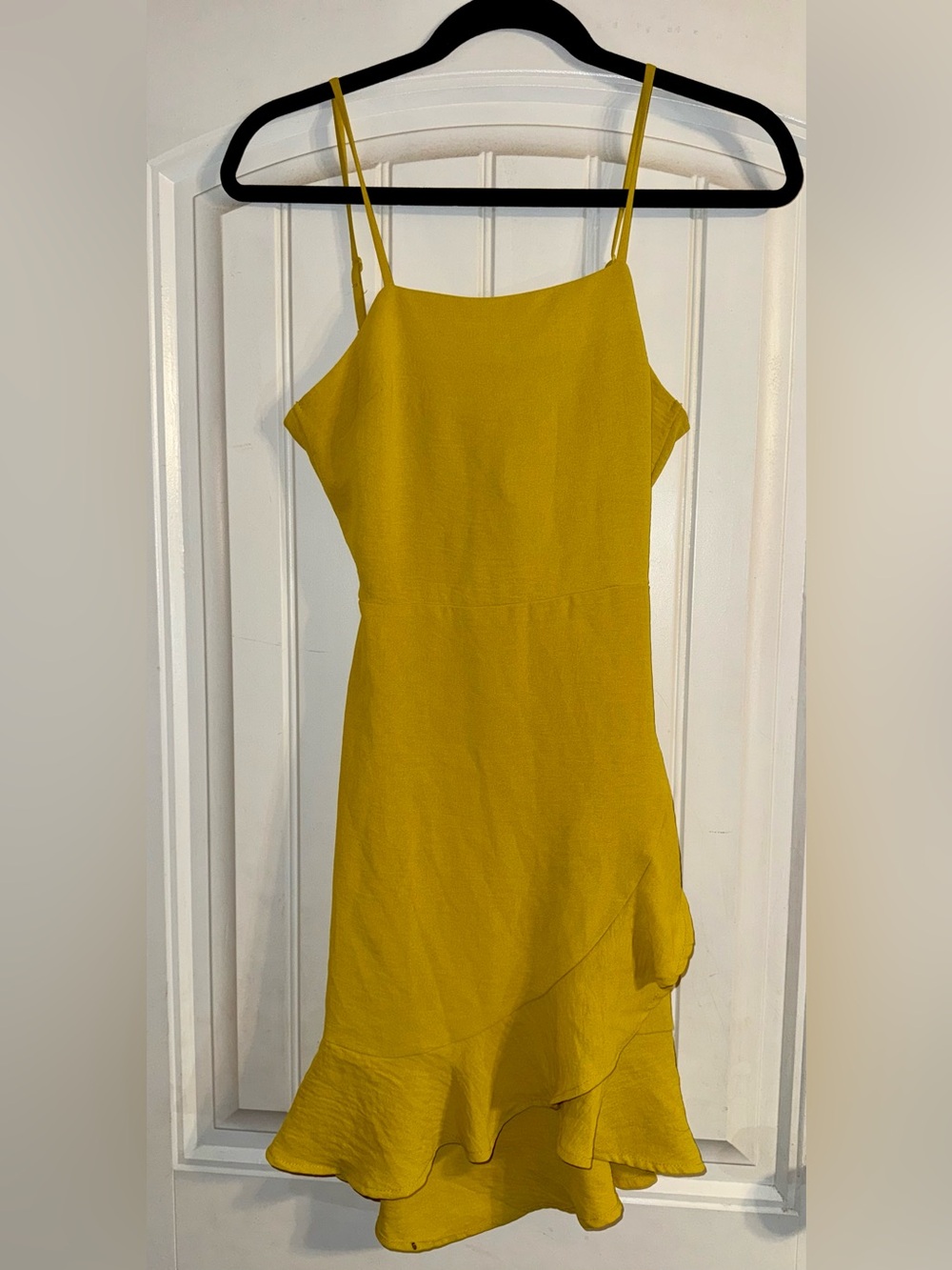 Monteau Mustard Yellow Spaghetti-Strap Ruffle Hem Mini Dress